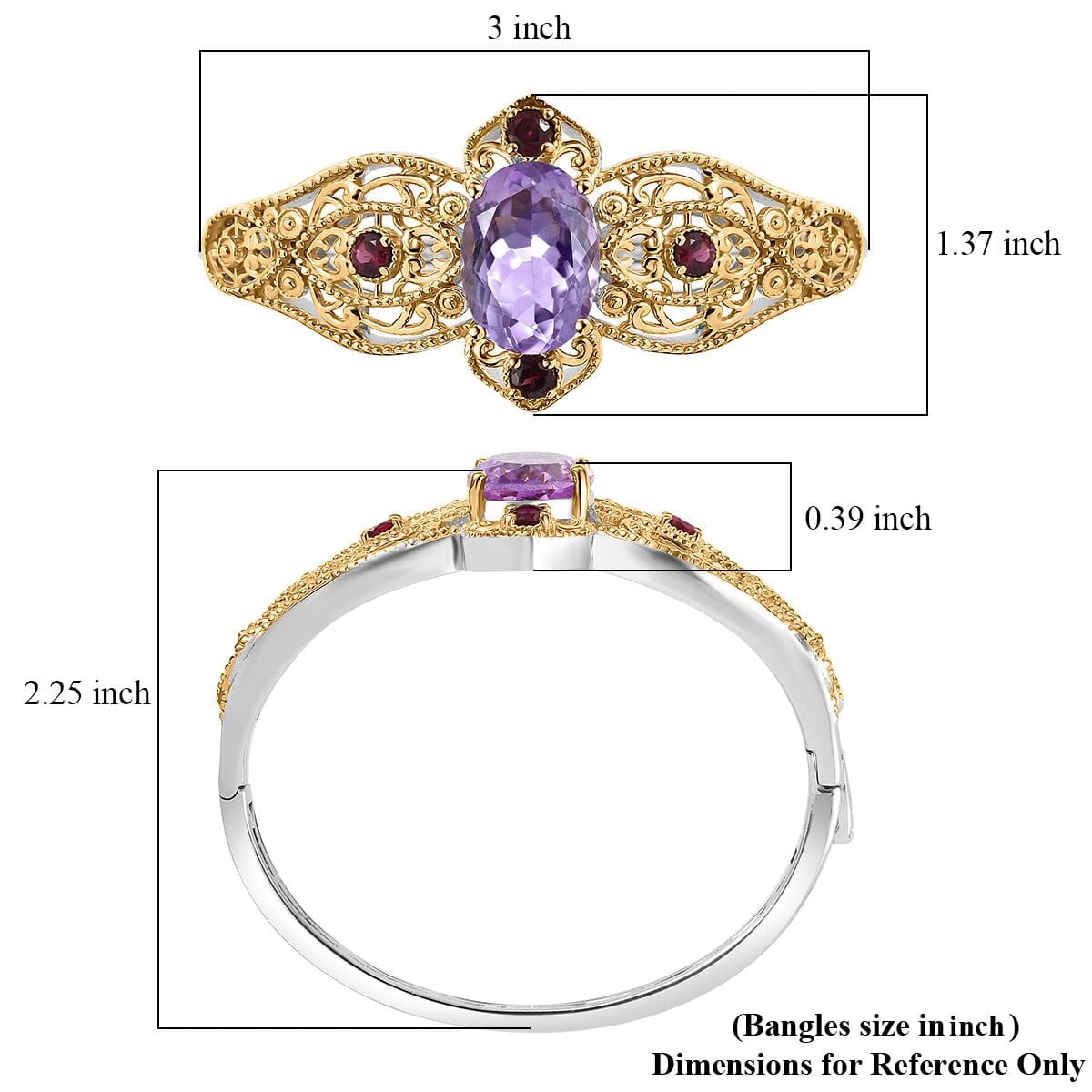 Karis Rose De France Amethyst and Orissa Rhodolite Garnet 13.40 ctw Bangle Bracelet in 18K YG Plated and Platinum Bond (7.25 In) image number 5