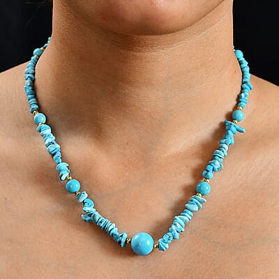 Sleeping Beauty Turquoise 80.00 ctw Beaded and Chips Necklace in 18K Yellow Gold Over Sterling Silver 18-20 Inches