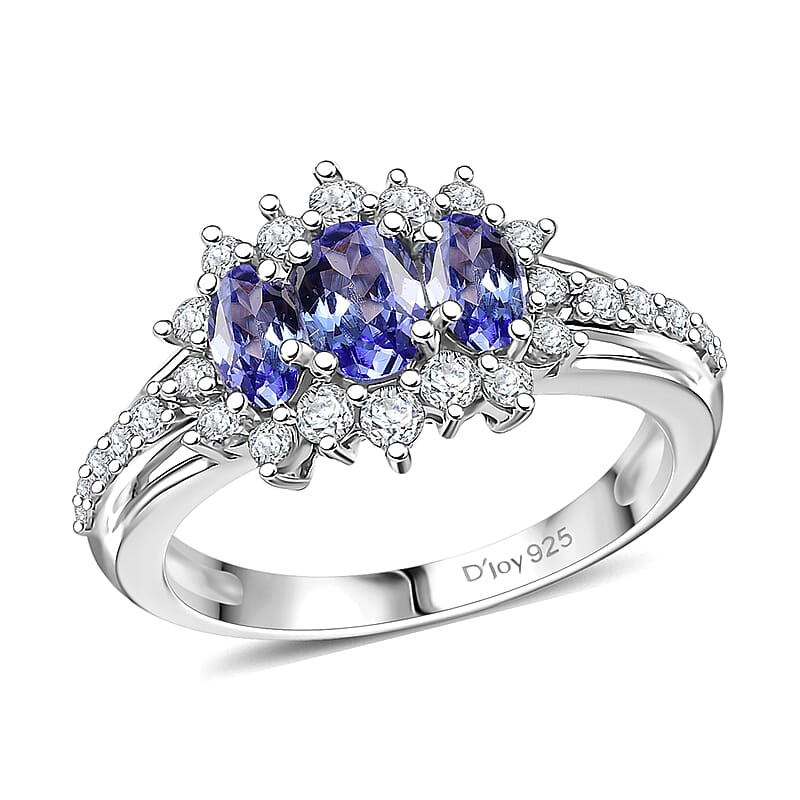 D'Joy Tanzanite and White Zircon 1.75 ctw Blooming Flower Ring in Rhodium Over Sterling Silver (Size 10.0)