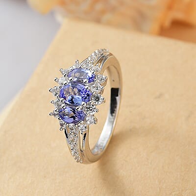 D'Joy Tanzanite and White Zircon 1.75 ctw Blooming Flower Ring in Rhodium Over Sterling Silver (Size 10.0)