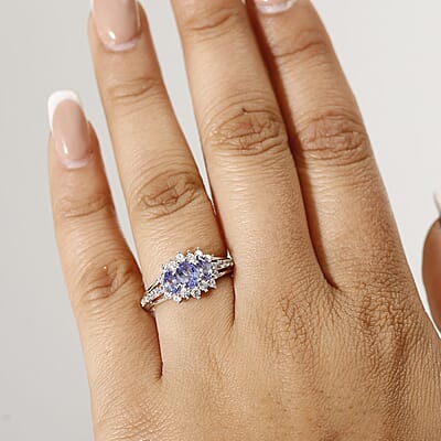 D'Joy Tanzanite and White Zircon 1.75 ctw Blooming Flower Ring in Rhodium Over Sterling Silver (Size 10.0)
