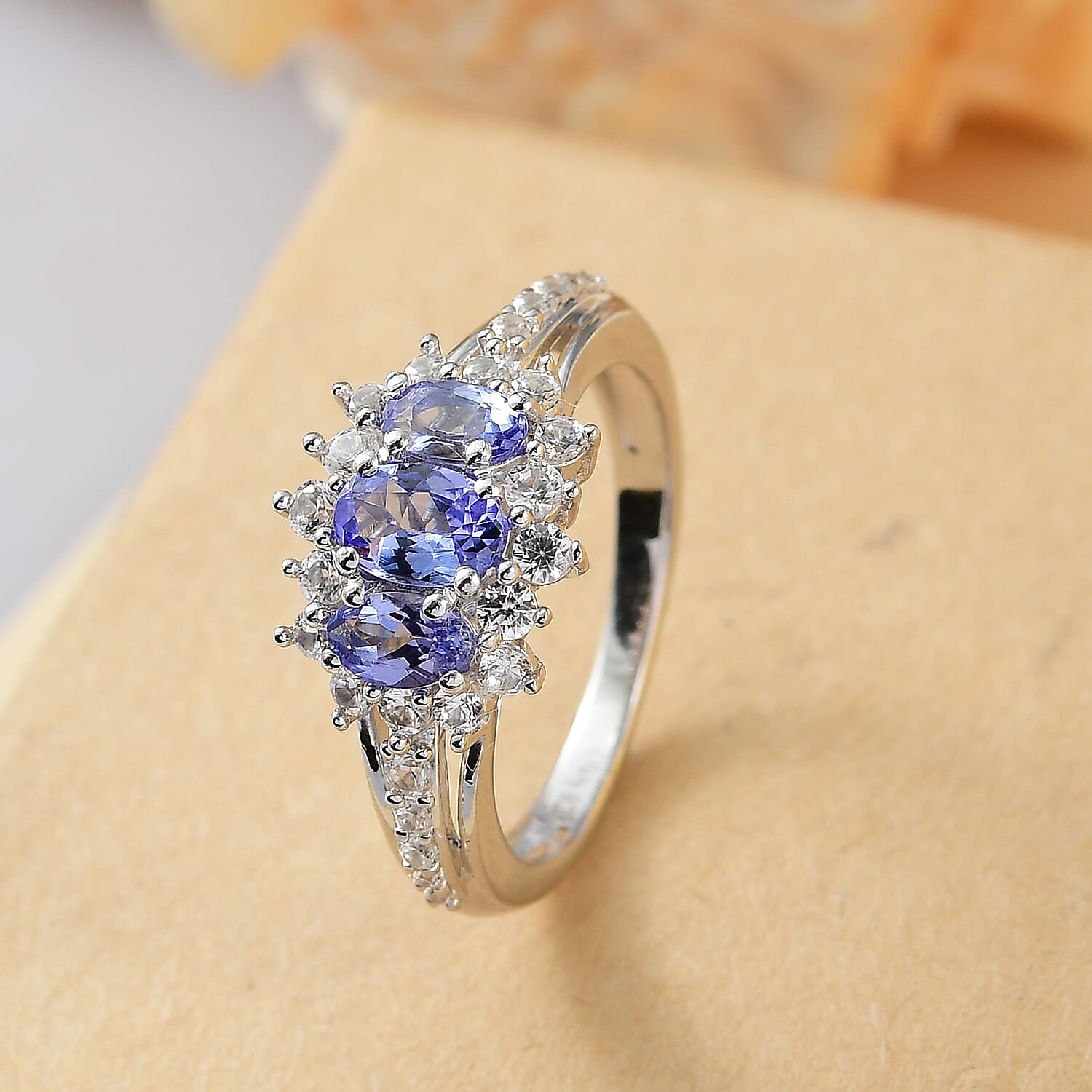 D'Joy Tanzanite and White Zircon 1.75 ctw Blooming Flower Ring in Rhodium Over Sterling Silver (Size 7.0)