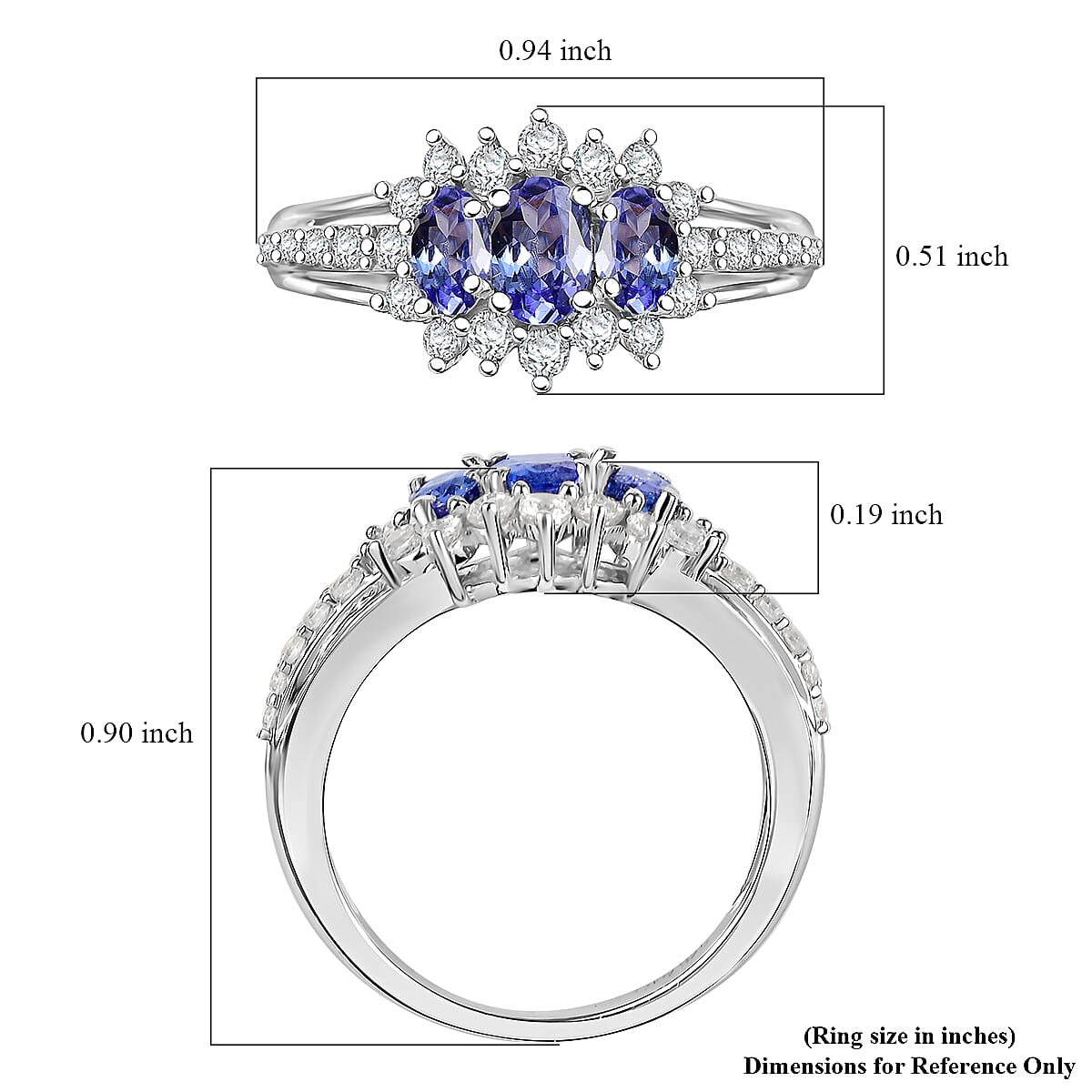 D'Joy Tanzanite and White Zircon 1.75 ctw Blooming Flower Ring in Rhodium Over Sterling Silver (Size 7.0)