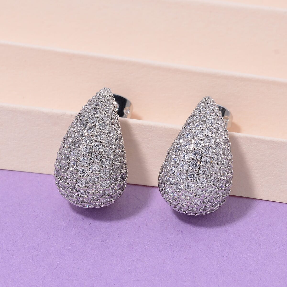 Simulated Diamond Earrings in Silvertone image number 1