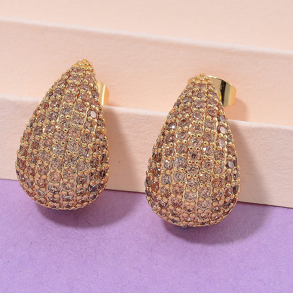 Simulated Champagne Diamond Earrings in Goldtone image number 1