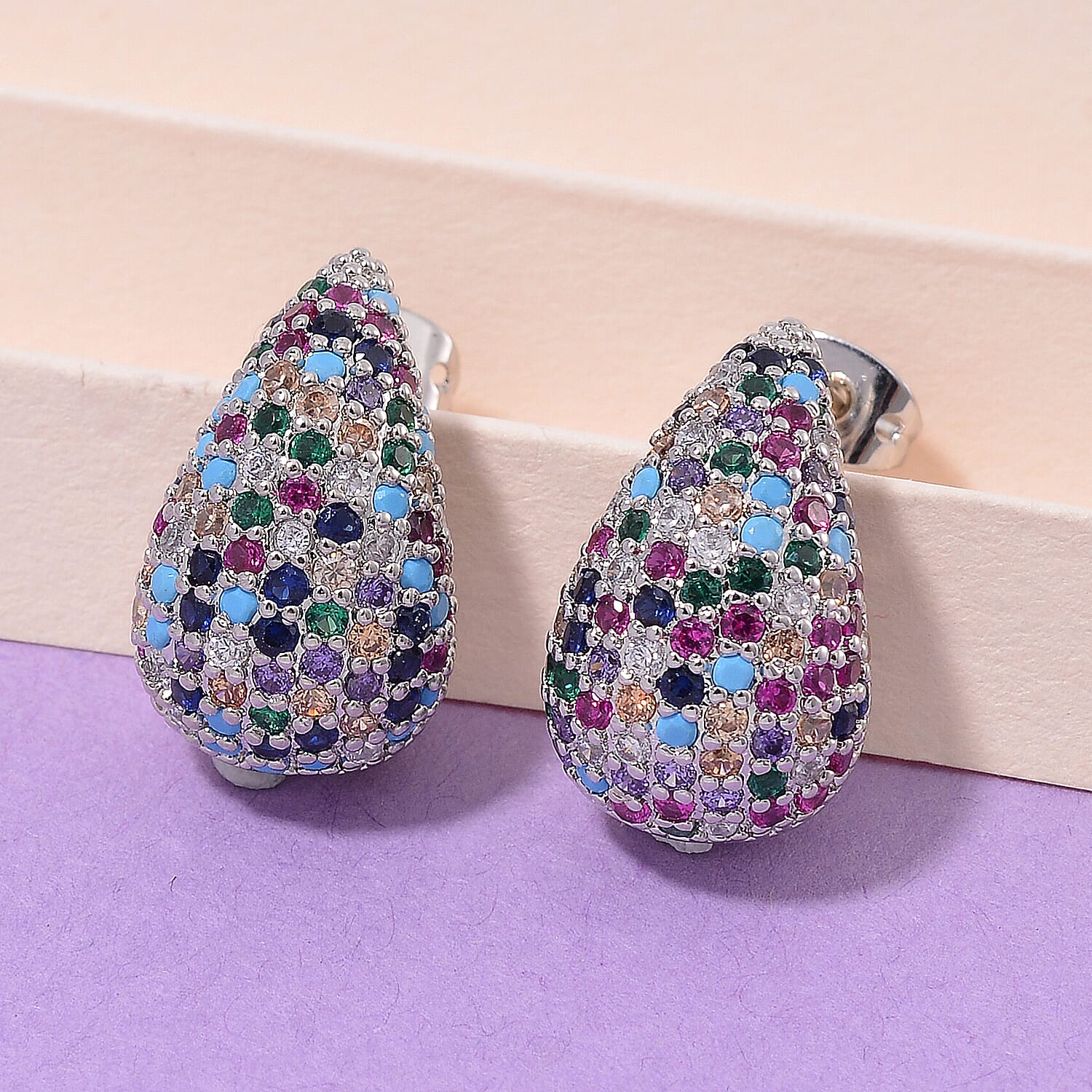 Simulated Multi Color Diamond Earrings in Silvertone