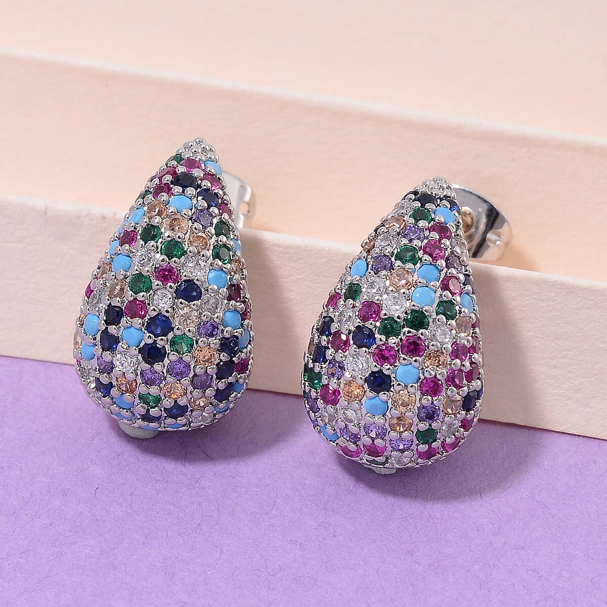 Simulated Multi Color Diamond Earrings in Silvertone image number 1