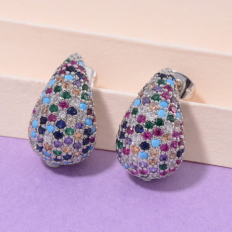 Simulated Multi Color Diamond Earrings in Silvertone
