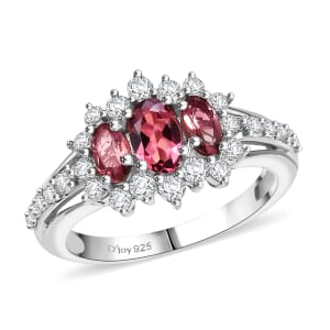 D'Joy Morro Redondo Pink Tourmaline and White Zircon 1.75 ctw Blooming Flower Ring in Rhodium Over Sterling Silver (Size 10.0)