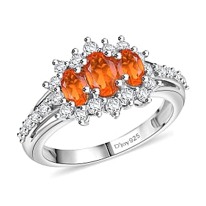 D'Joy Salamanca Fire Opal and White Zircon 1.30 ctw Blooming Flower Ring in Rhodium Over Sterling Silver (Size 6.0)