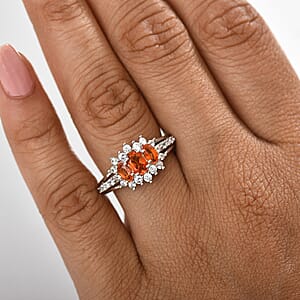 D'Joy Salamanca Fire Opal and White Zircon 1.30 ctw Blooming Flower Ring in Rhodium Over Sterling Silver (Size 7.0)