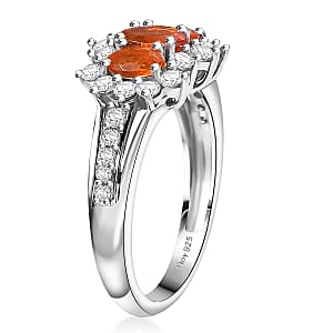D'Joy Salamanca Fire Opal and White Zircon 1.30 ctw Blooming Flower Ring in Rhodium Over Sterling Silver (Size 7.0)