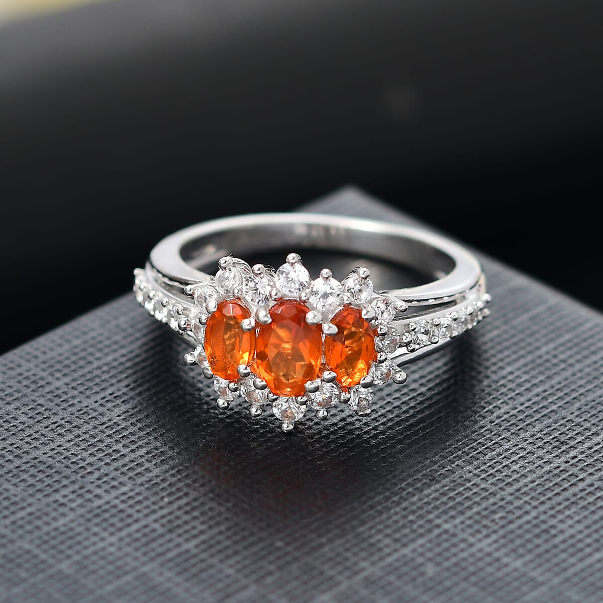 D'Joy Salamanca Fire Opal and White Zircon 1.30 ctw Ring in Rhodium Over Sterling Silver (Size 8.0) image number 1