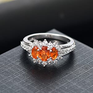 D'Joy Salamanca Fire Opal and White Zircon 1.30 ctw Blooming Flower Ring in Rhodium Over Sterling Silver (Size 8.0)