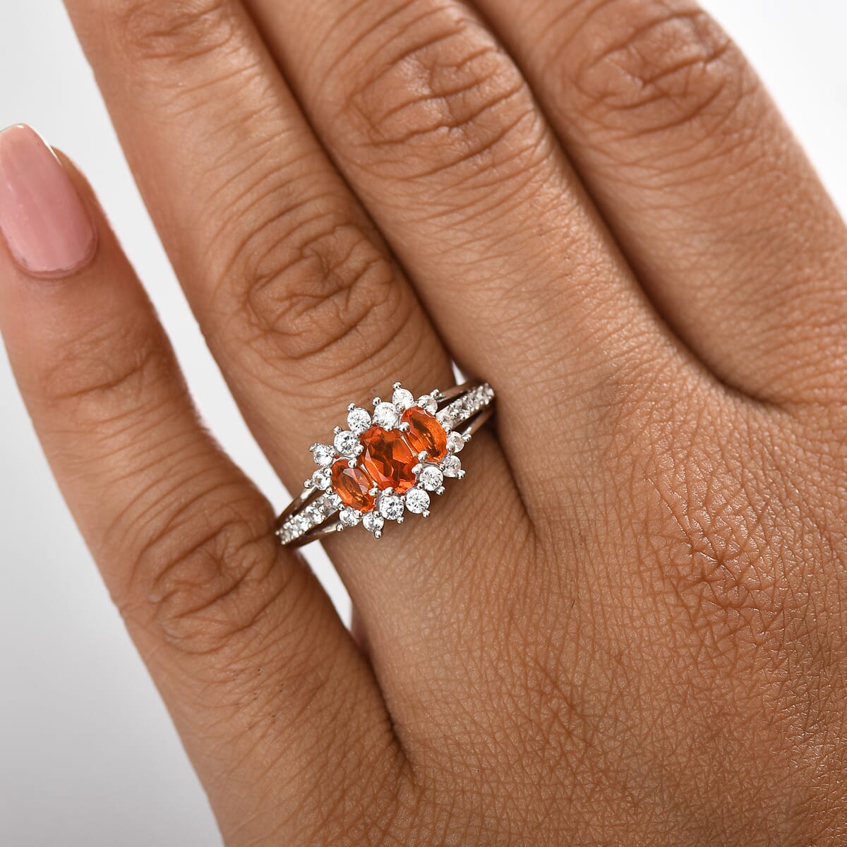 D'Joy Salamanca Fire Opal and White Zircon 1.30 ctw Ring in Rhodium Over Sterling Silver (Size 8.0) image number 2