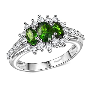 D'Joy Chrome Diopside and White Zircon 1.65 ctw Blooming Flower Ring in Rhodium Over Sterling Silver (Size 5.0)