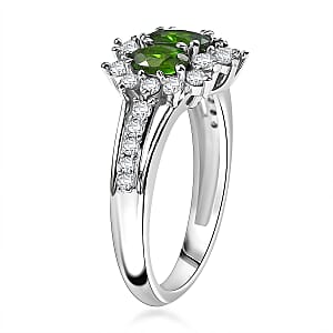 D'Joy Chrome Diopside and White Zircon 1.65 ctw Blooming Flower Ring in Rhodium Over Sterling Silver (Size 7.0)