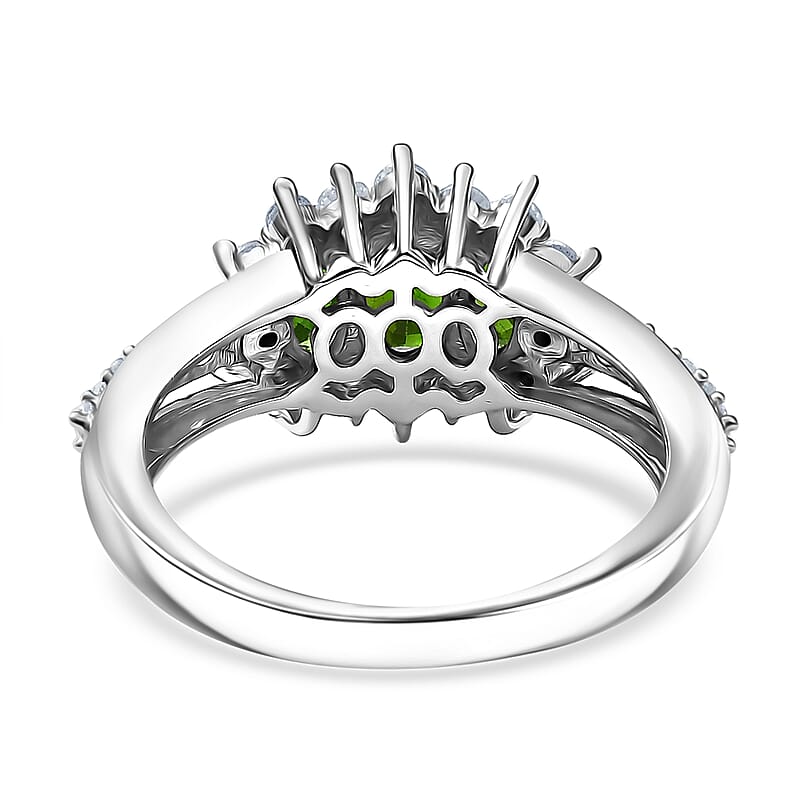 D'Joy Chrome Diopside and White Zircon 1.65 ctw Blooming Flower Ring in Rhodium Over Sterling Silver (Size 7.0)