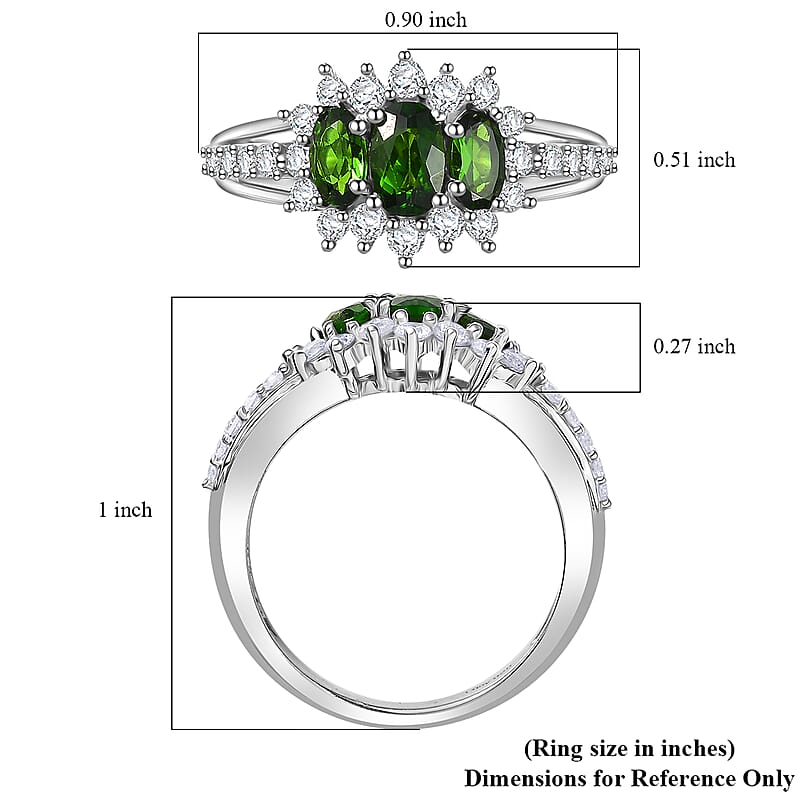 D'Joy Chrome Diopside and White Zircon 1.65 ctw Blooming Flower Ring in Rhodium Over Sterling Silver (Size 7.0)