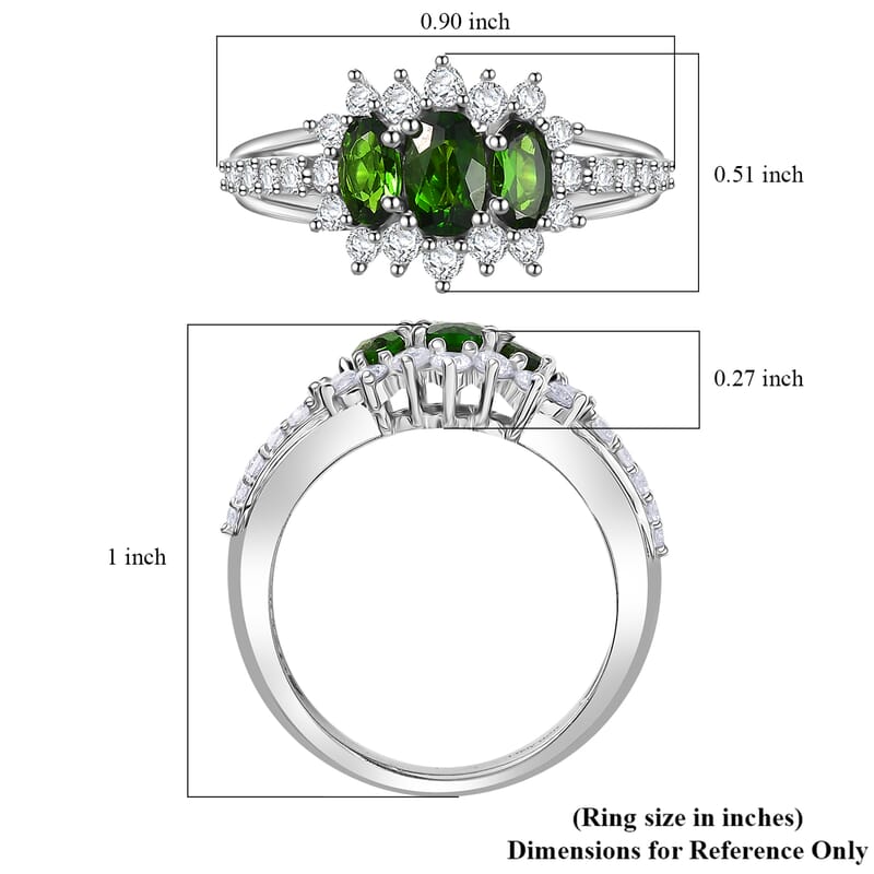 D'Joy Chrome Diopside and White Zircon 1.65 ctw Blooming Flower Ring in Rhodium Over Sterling Silver (Size 8.0)