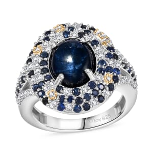 Blue Star Sapphire (DF) and Multi Gemstone 6.25 ctw Celestial Ring in 18K Vermeil YG and Rhodium Over Sterling Silver (Size 10.0)