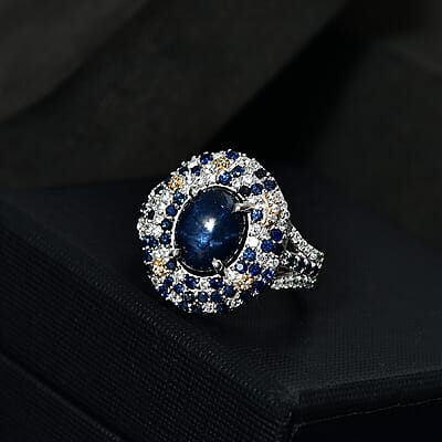 D'Joy Blue Star Sapphire (DF) and Multi Gemstone 6.25 ctw Celestial Ring in 18K Vermeil YG and Rhodium Over Sterling Silver (Size 10.0)