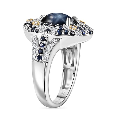D'Joy Blue Star Sapphire (DF) and Multi Gemstone 6.25 ctw Celestial Ring in 18K Vermeil YG and Rhodium Over Sterling Silver (Size 10.0)