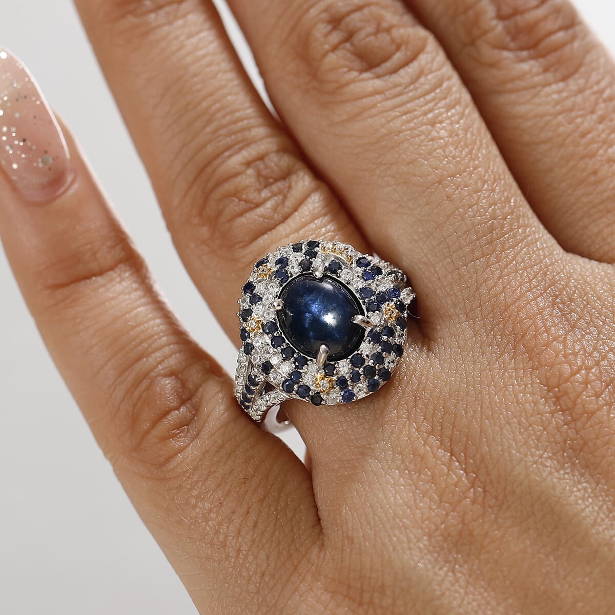 Blue Star Sapphire (DF) and Multi Gemstone 6.25 ctw Celestial Ring in 18K Vermeil YG and Rhodium Over Sterling Silver (Size 6.0) image number 2