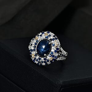 D'Joy Blue Star Sapphire (DF) and Multi Gemstone 6.25 ctw Celestial Ring in 18K Vermeil YG and Rhodium Over Sterling Silver (Size 9.0)
