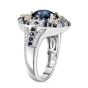 D'Joy Blue Star Sapphire (DF) and Multi Gemstone 6.25 ctw Celestial Ring in 18K Vermeil YG and Rhodium Over Sterling Silver (Size 9.0)