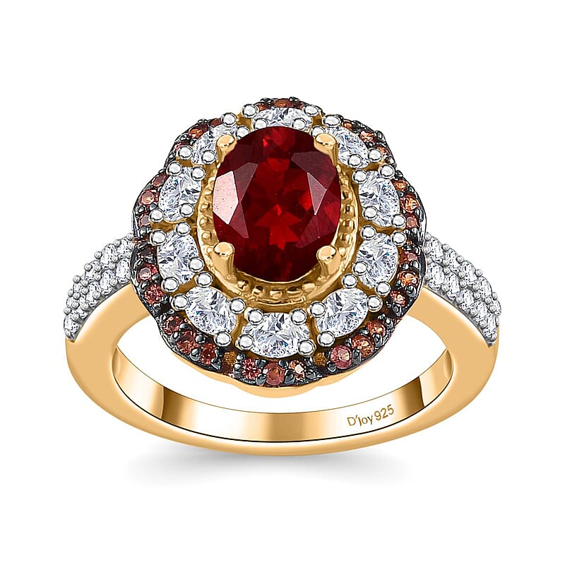 D'Joy Mexican Cherry Fire Opal and Multi Gemstone 2.60 ctw Crimson Frost Ring in 18K Vermeil Yellow Gold Over Sterling Silver (Size 10.0)