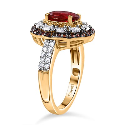 D'Joy Mexican Cherry Fire Opal and Multi Gemstone 2.60 ctw Crimson Frost Ring in 18K Vermeil Yellow Gold Over Sterling Silver (Size 10.0)