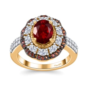 Mexican Cherry Fire Opal and Multi Gemstone 2.60 ctw Crimson Frost Ring in 18K Vermeil Yellow Gold Over Sterling Silver (Size 7.0)