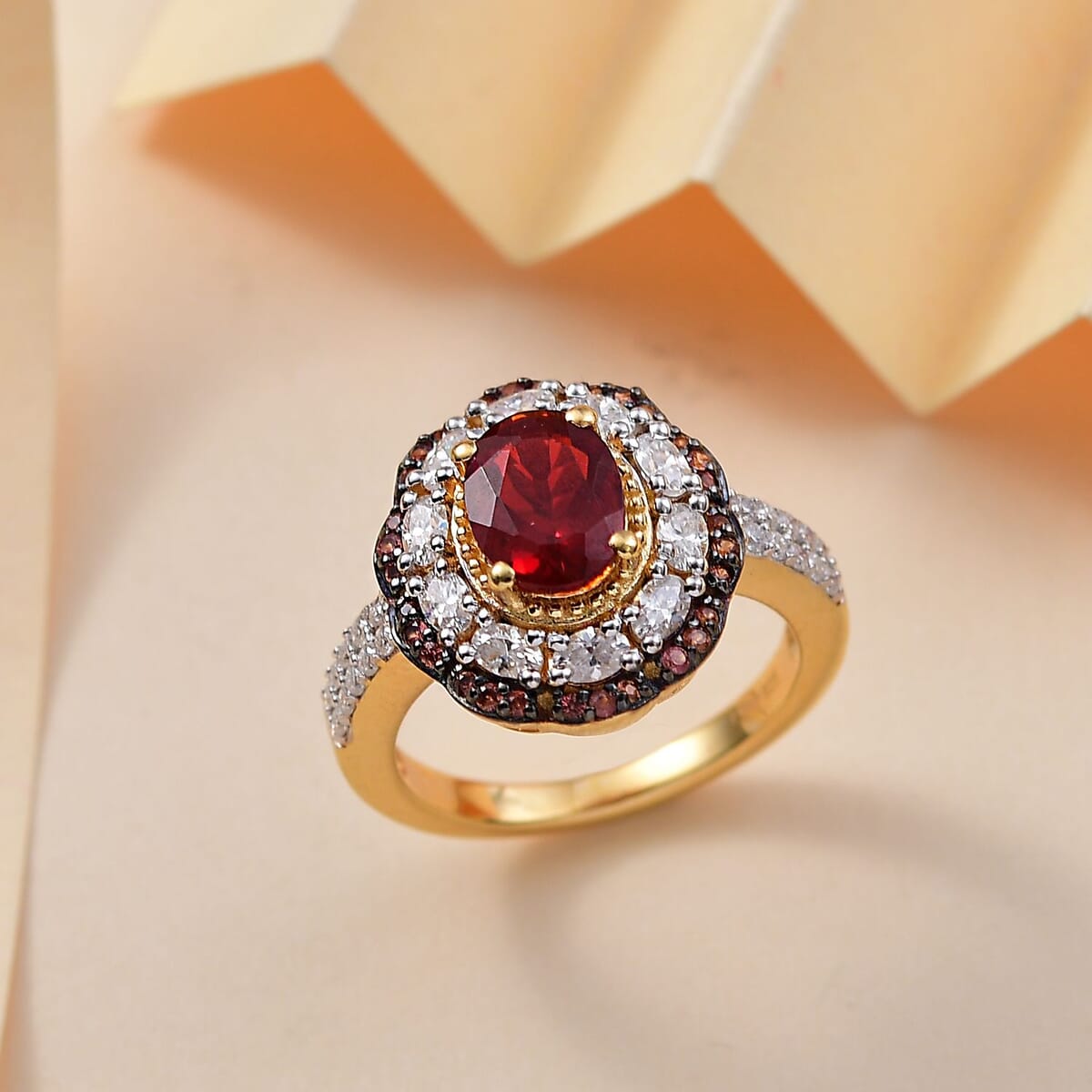 Mexican Cherry Fire Opal and Multi Gemstone 2.60 ctw Crimson Frost Ring in 18K Vermeil Yellow Gold Over Sterling Silver (Size 7.0) image number 1