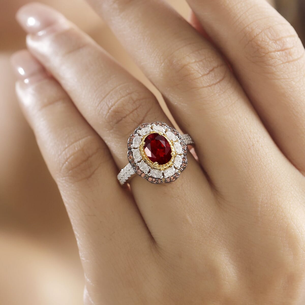 Mexican Cherry Fire Opal and Multi Gemstone 2.60 ctw Crimson Frost Ring in 18K Vermeil Yellow Gold Over Sterling Silver (Size 7.0) image number 2