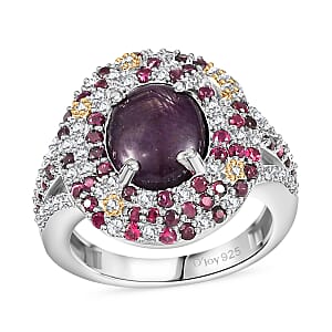 Indian Star Ruby and Multi Gemstone 7.10 ctw Celestial Ring in 18K Vermeil YG and Rhodium Over Sterling Silver (Size 5.0)