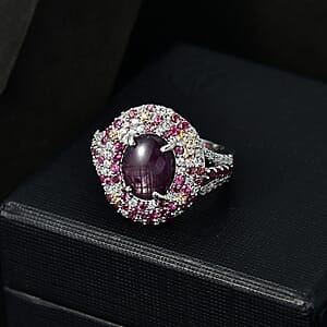 D'Joy Indian Star Ruby and Multi Gemstone 7.10 ctw Celestial Ring in 18K Vermeil YG and Rhodium Over Sterling Silver (Size 6.0)