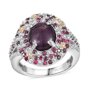 Indian Star Ruby and Multi Gemstone 7.10 ctw Celestial Ring in 18K Vermeil YG and Rhodium Over Sterling Silver (Size 7.0)