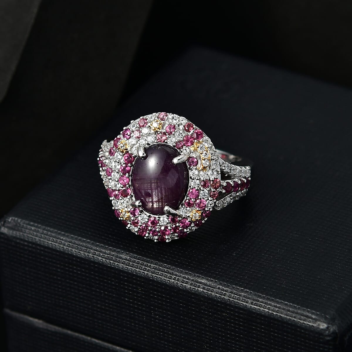 Indian Star Ruby and Multi Gemstone 7.10 ctw Celestial Ring in 18K Vermeil YG and Rhodium Over Sterling Silver (Size 7.0) image number 1