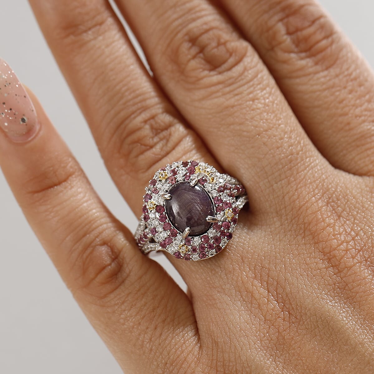 Indian Star Ruby and Multi Gemstone 7.10 ctw Celestial Ring in 18K Vermeil YG and Rhodium Over Sterling Silver (Size 7.0) image number 2