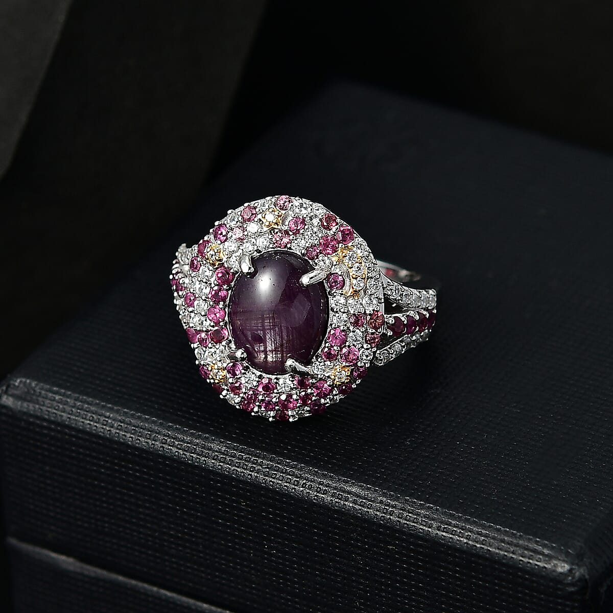 Indian Star Ruby and Multi Gemstone 7.10 ctw Celestial Ring in 18K Vermeil YG and Rhodium Over Sterling Silver (Size 8.0) image number 1