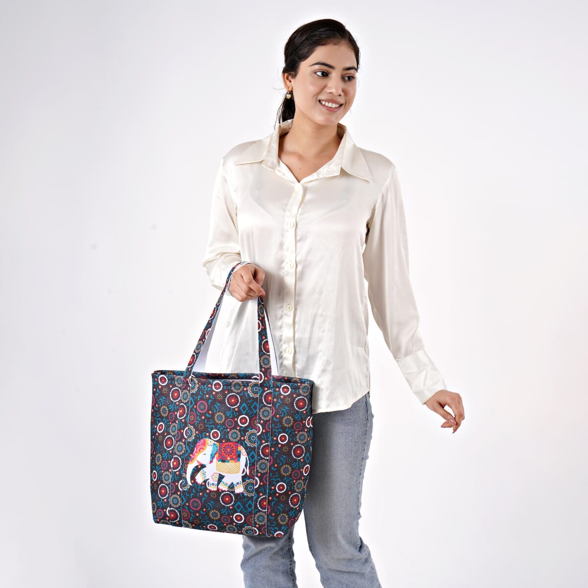 Blue Vivid Digital Elephant Printed Fabric Tote Bag (Buy One Get One Free) image number 1