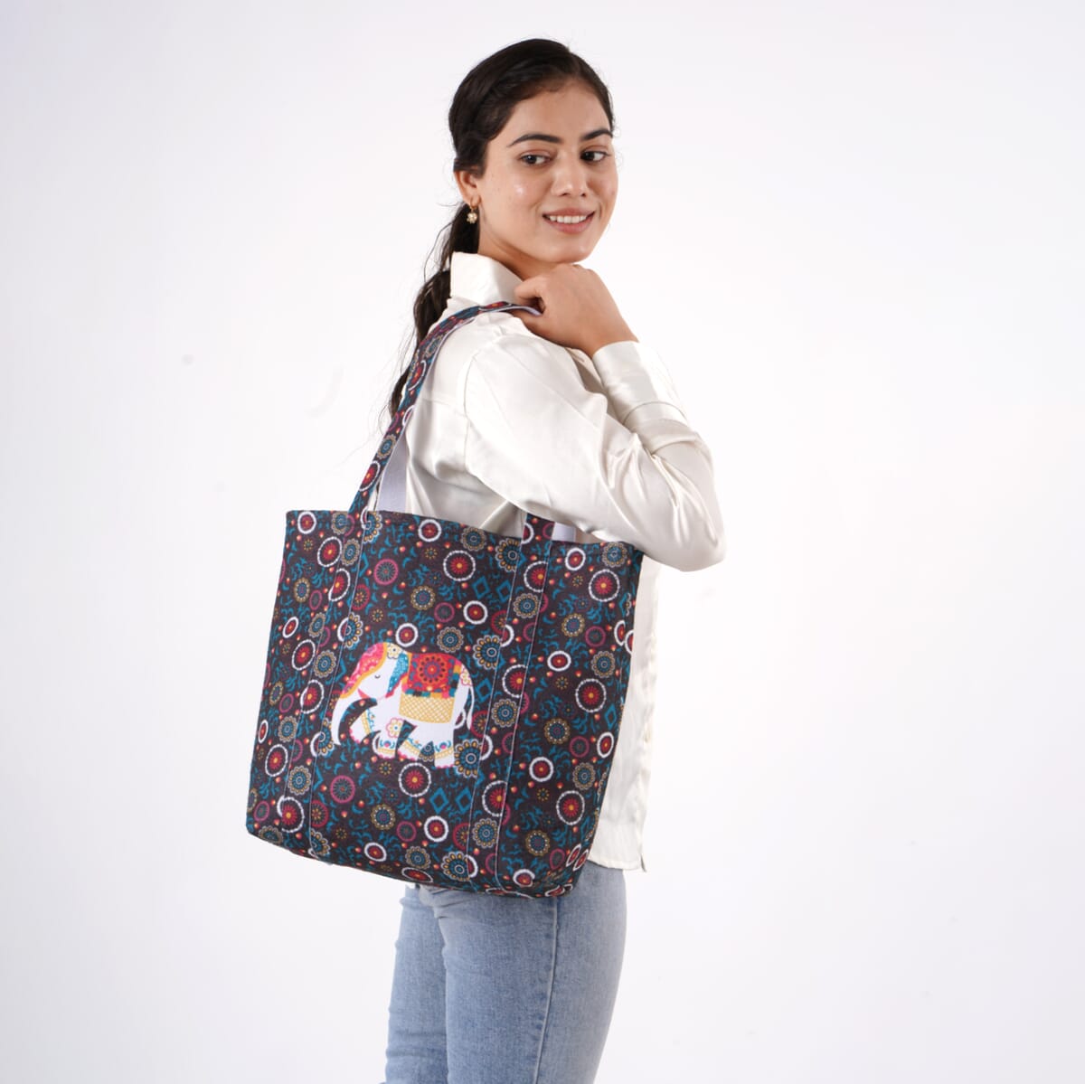 Blue Vivid Digital Elephant Printed Fabric Tote Bag (Buy One Get One Free) image number 2