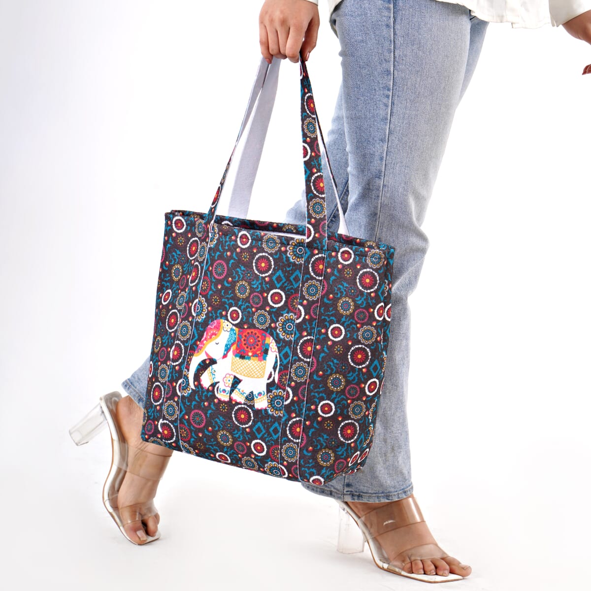 Blue Vivid Digital Elephant Printed Fabric Tote Bag (Buy One Get One Free) image number 3