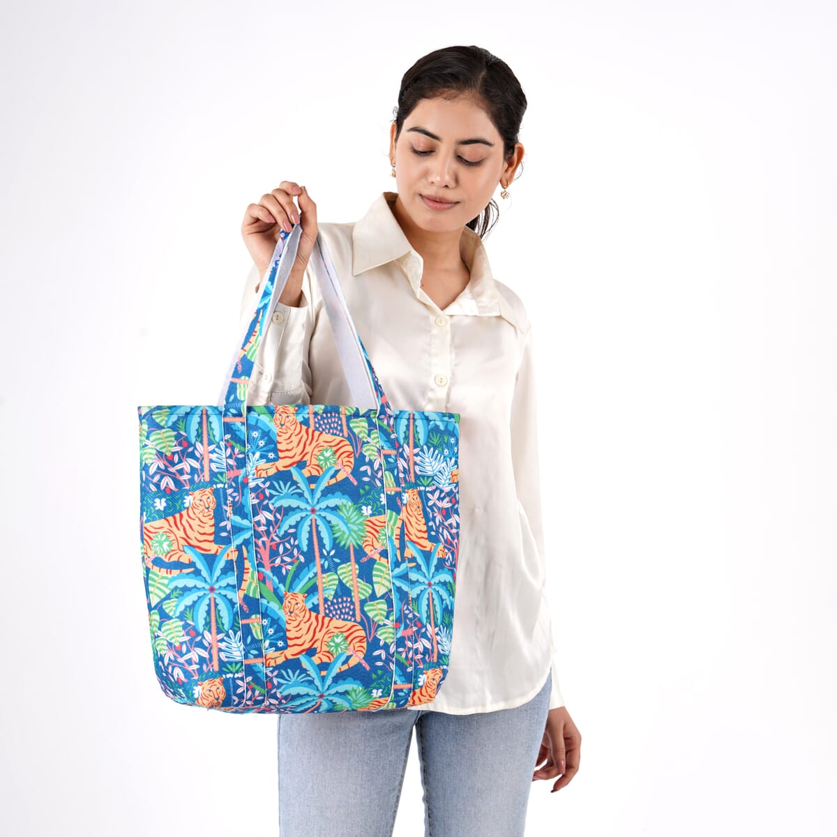 Blue Vivid Digital Lion Printed Fabric Tote Bag (Buy One Get One Free) image number 1