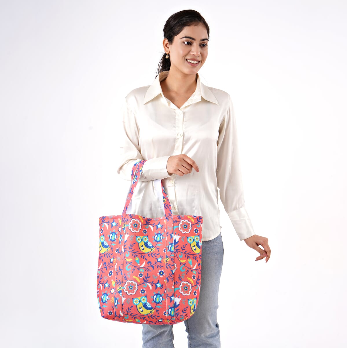 Pink Vivid Digital Floral Printed Fabric Tote Bag (Buy One Get One Free) image number 1