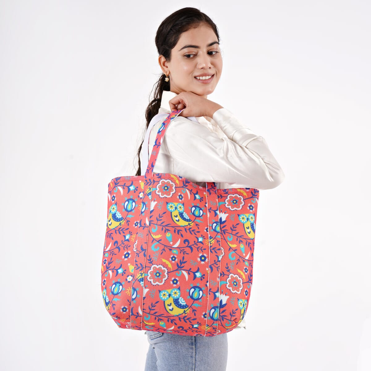 Pink Vivid Digital Floral Printed Fabric Tote Bag (Buy One Get One Free) image number 2