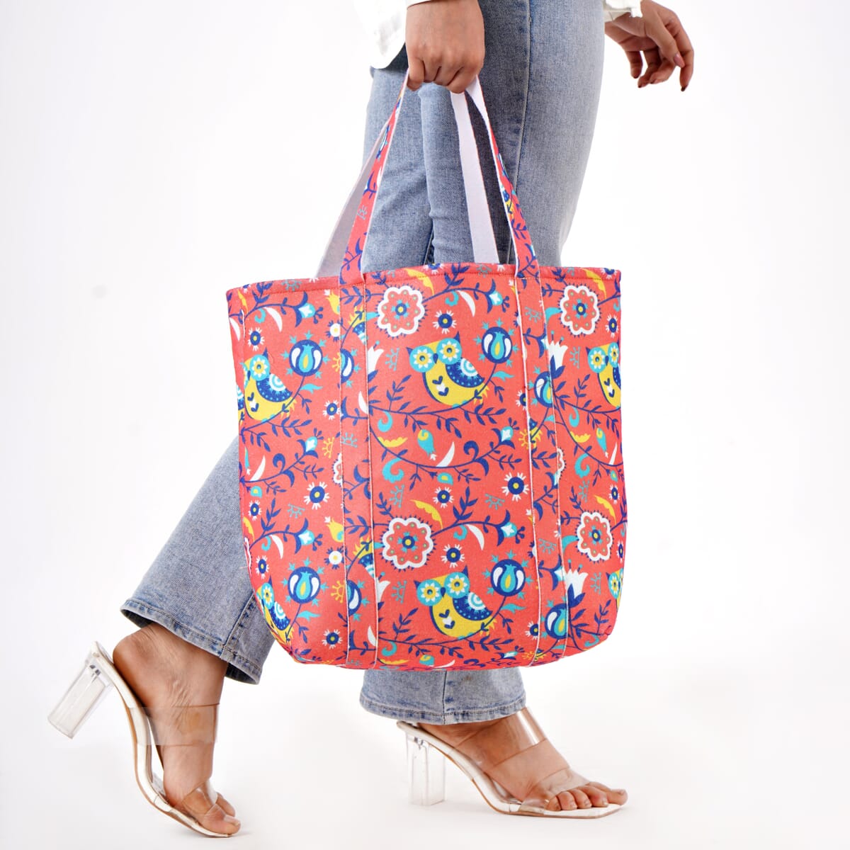 Pink Vivid Digital Floral Printed Fabric Tote Bag (Buy One Get One Free) image number 3