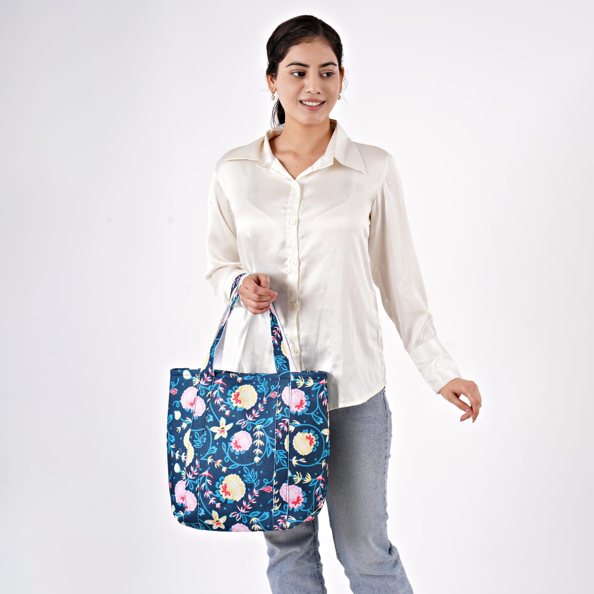 Sky Blue Vivid Digital Floral Printed Fabric Tote Bag (Buy One Get One Free) image number 1