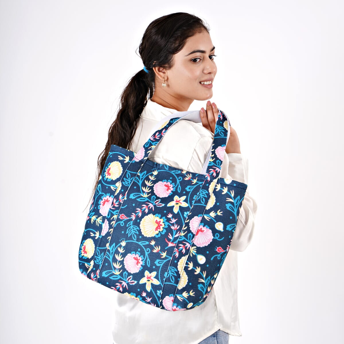 Sky Blue Vivid Digital Floral Printed Fabric Tote Bag (Buy One Get One Free) image number 2